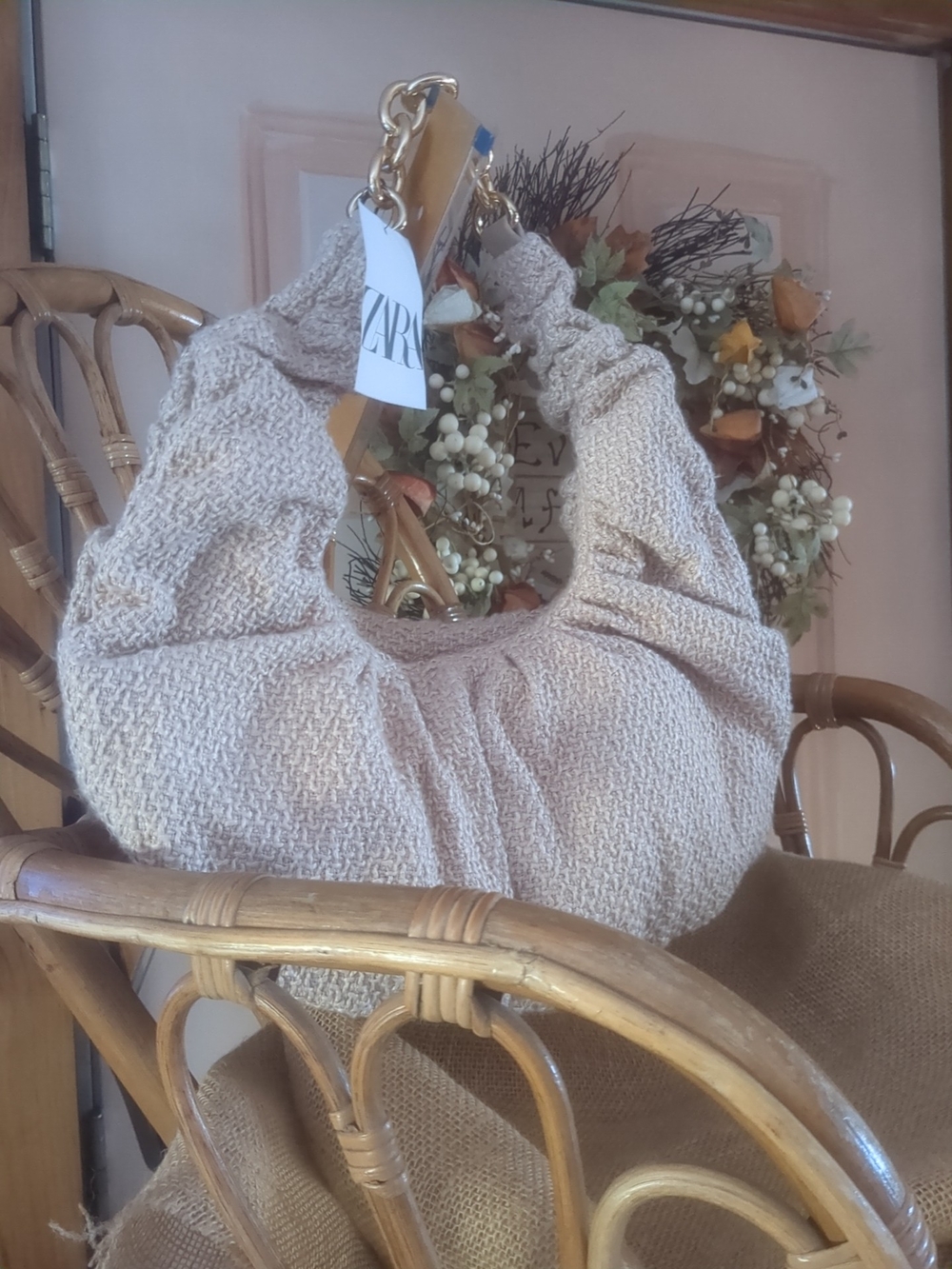 ZARA Cream Knit Shoulder Bag with Gold Chain
